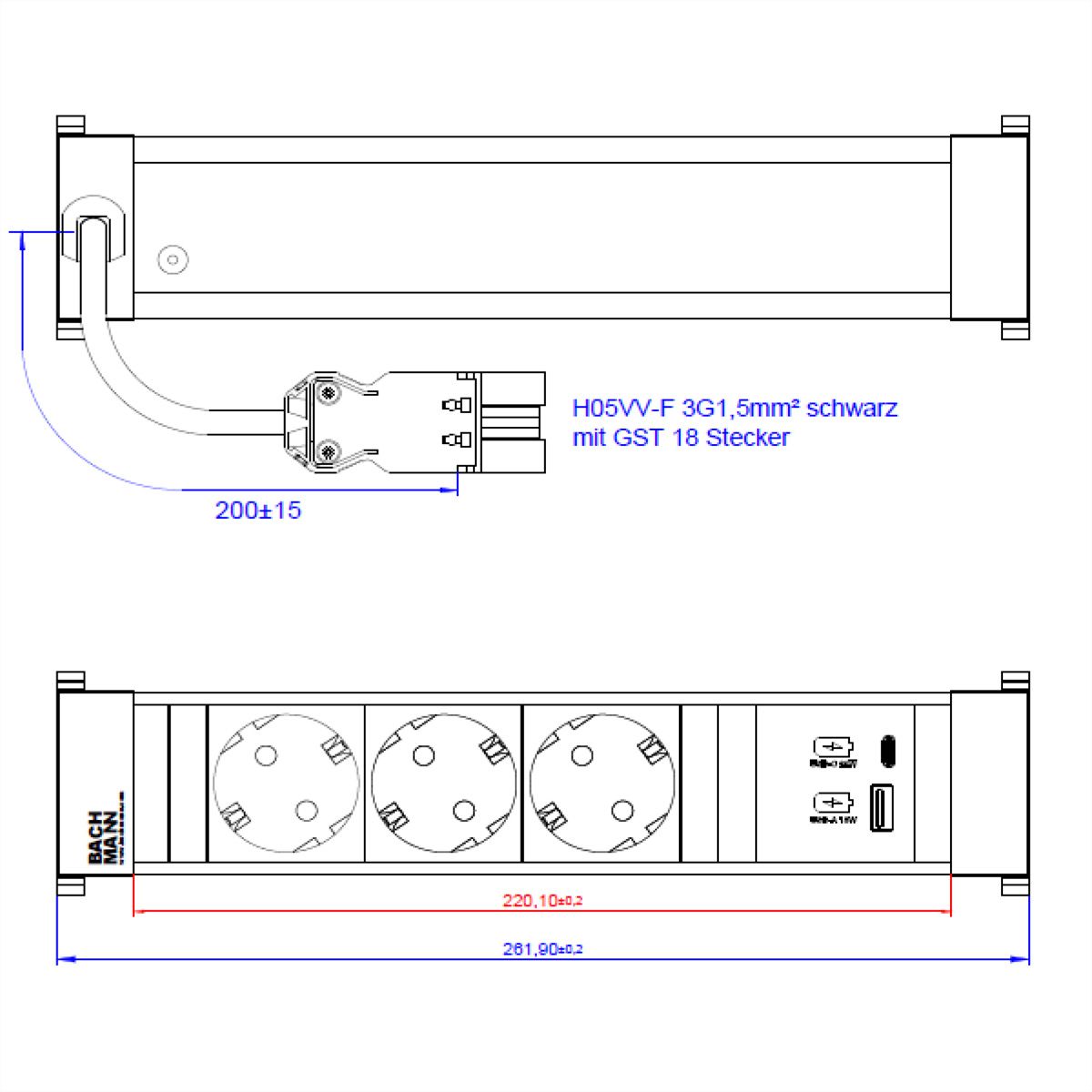 BACHMANN POWER FRAME M 3xCEE7/3, USB A&C 22W Charger 0.2m GST18