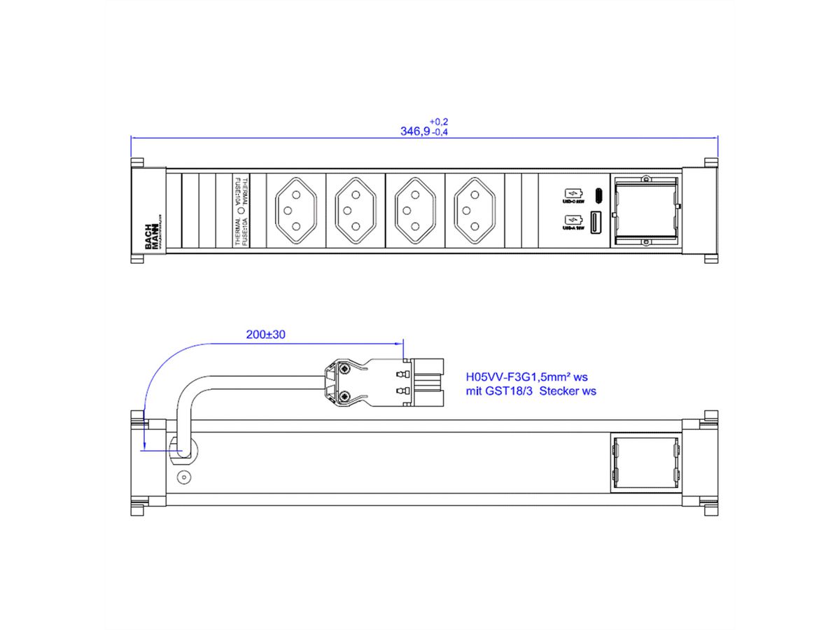 BACHMANN POWER FRAME 4xCH 0° 1xCM 1xUSB A/C 22W 0.2m GST18