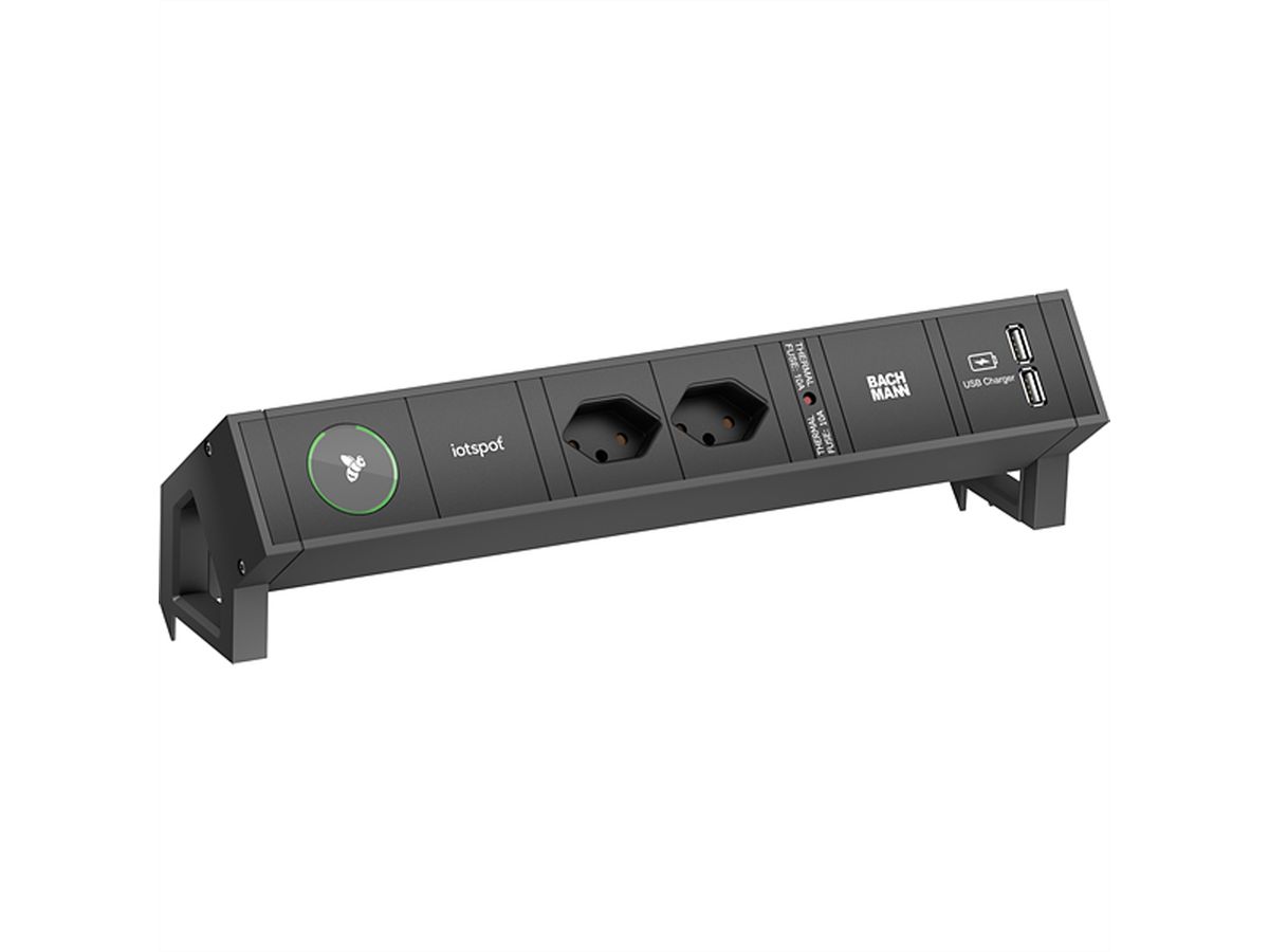 BACHMANN DESK2 iotspot 2xCH USB Oplader, 0,2m GST18, RAL9005 Zwitserland