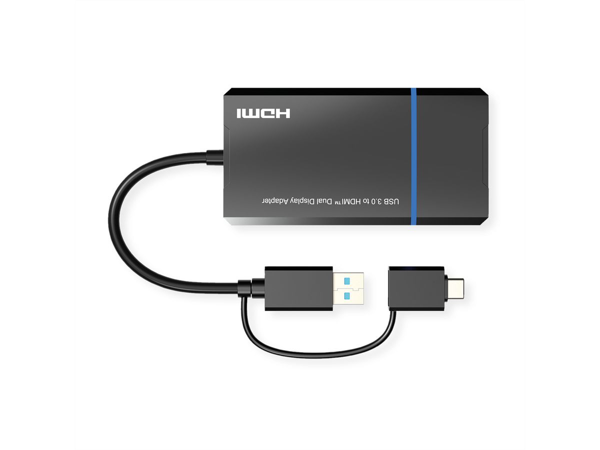 VALUE USB 3.2 Gen 1 (USB-A or USB-C) to 2x HDMI Adapter, 4K@30Hz + 1080P@60Hz
