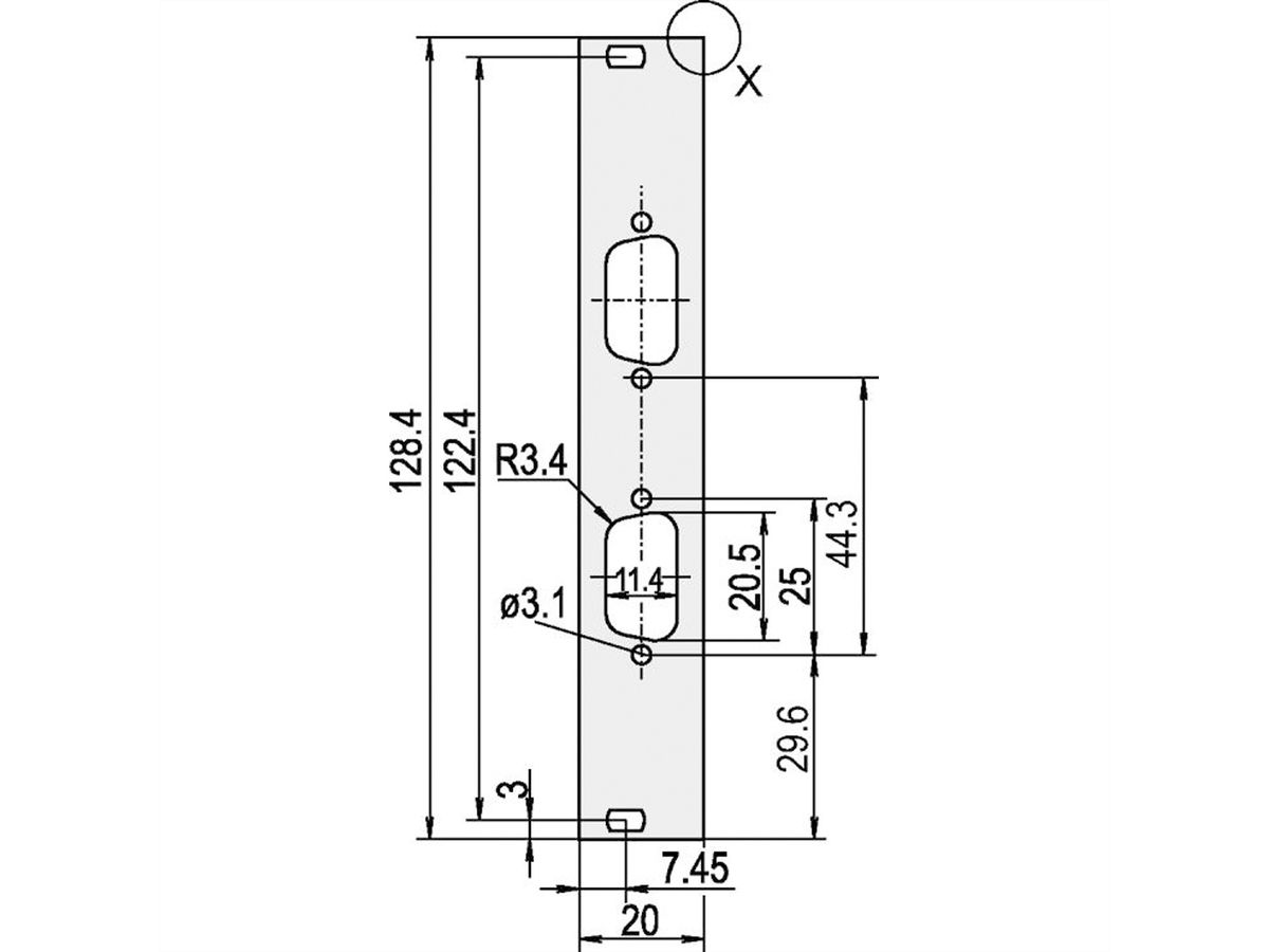 SCHROFF U-profiel voorpaneel, afschermbaar, D-Sub uitsparing, 3 HE, 4 HE, 2 x 9 pen, 2,5 mm, Al, geanodiseerd vooraan, geleidend achteraan