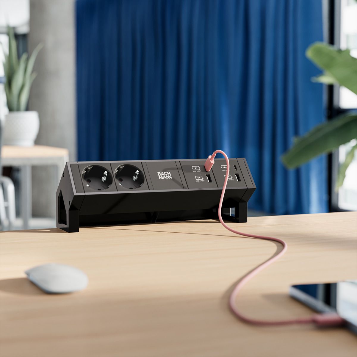 BACHMANN DESK2 2xbeschermend contact USB A&C, USB Lader 22W 1xABD 0,2m GST18 zwart