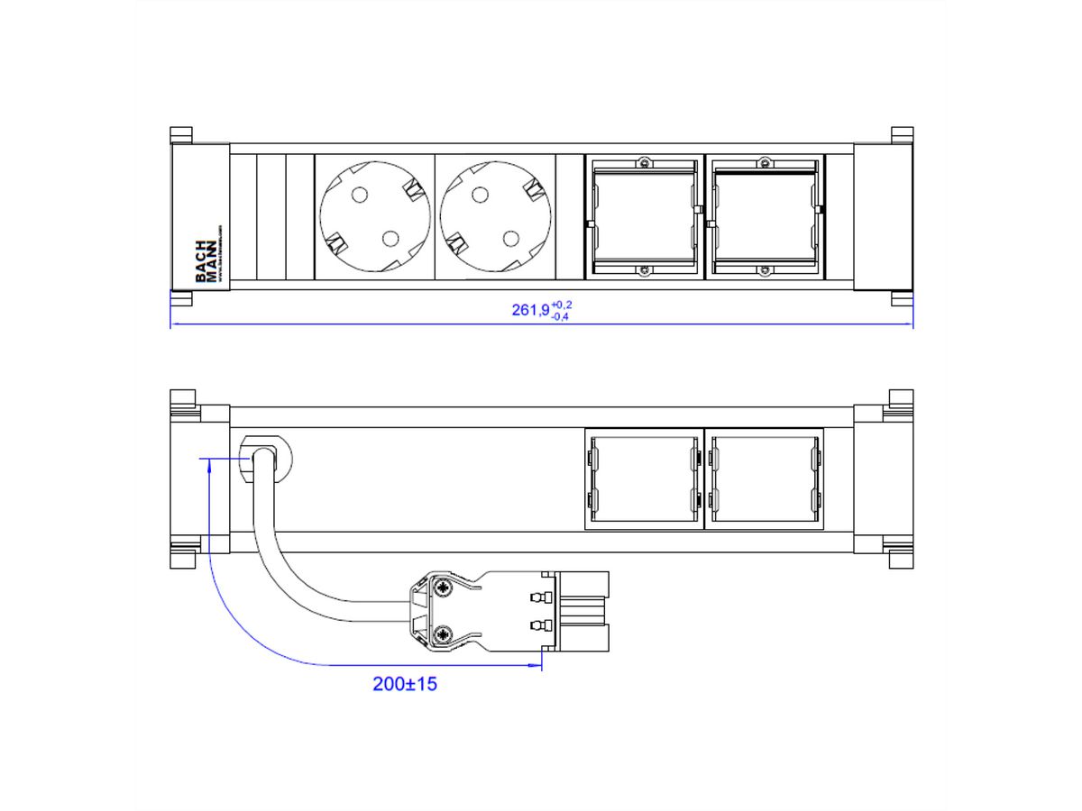 BACHMANN POWER FRAME Medium 2x geaard stopcontact 2x ABD kunststof profiel, zwart