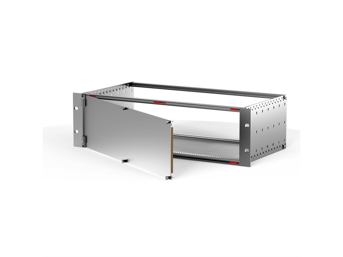 SCHROFF voorpaneel, afgeschermd, zijdelings scharnierend, 6 HE, 84 HP, 2,5 mm, al, vooraan geanodiseerd, achteraan geleidend
