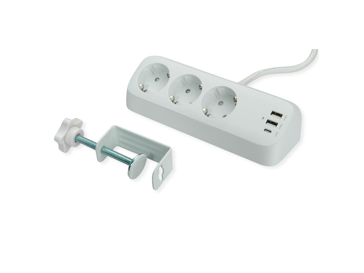 VALUE Power Strip, 3-way, with 3x USB (1x C + 2x A) and table clamp, 1.5 m