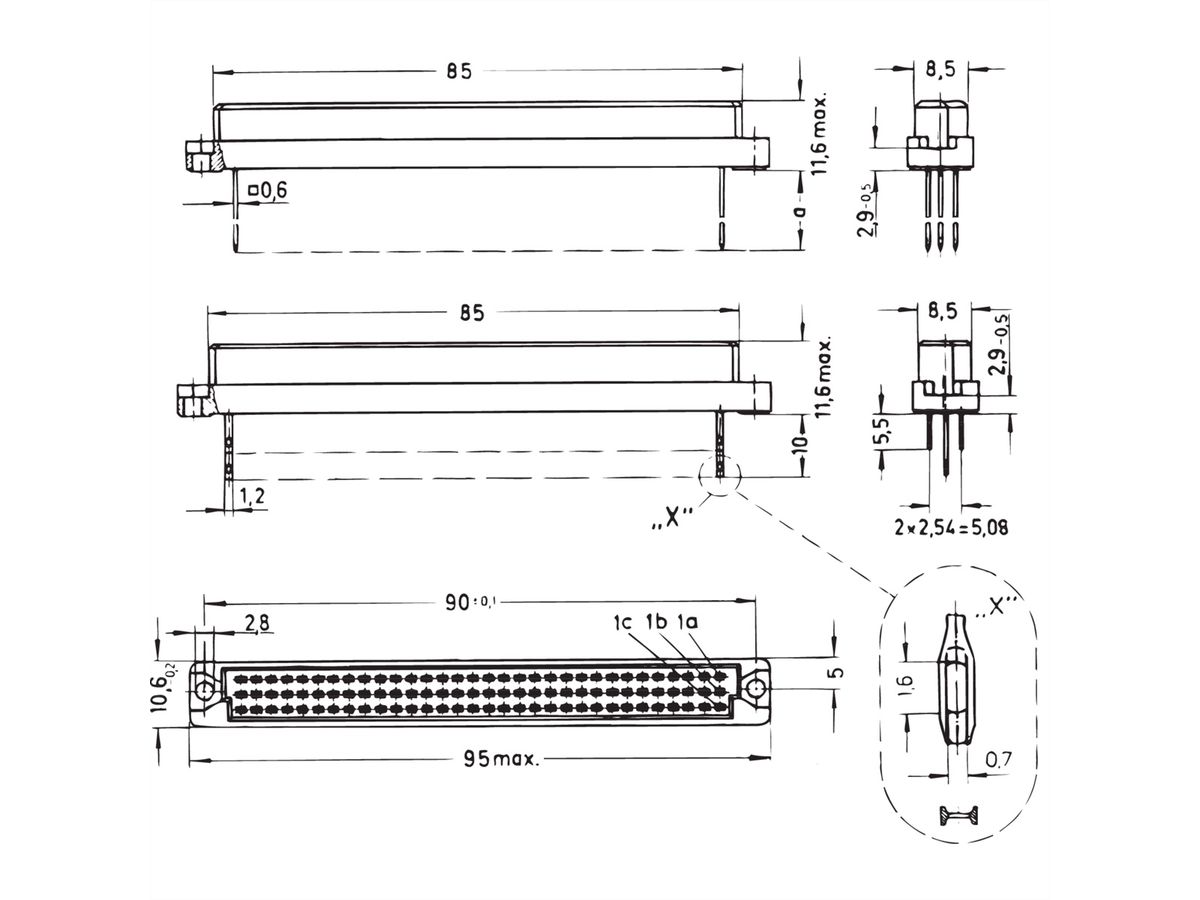 SCHROFF Stekker Type C, EN 60603, DIN 41612, vrouwelijk, 96 contacten, soldeerpennen, 2,5 mm