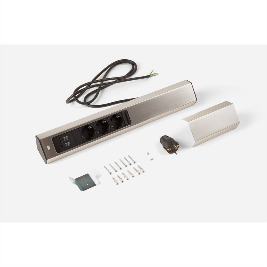 BACHMANN CASIA 2 3xCEE7/3 1xUSB A/C 22W 2.0m AEH stainless steel look