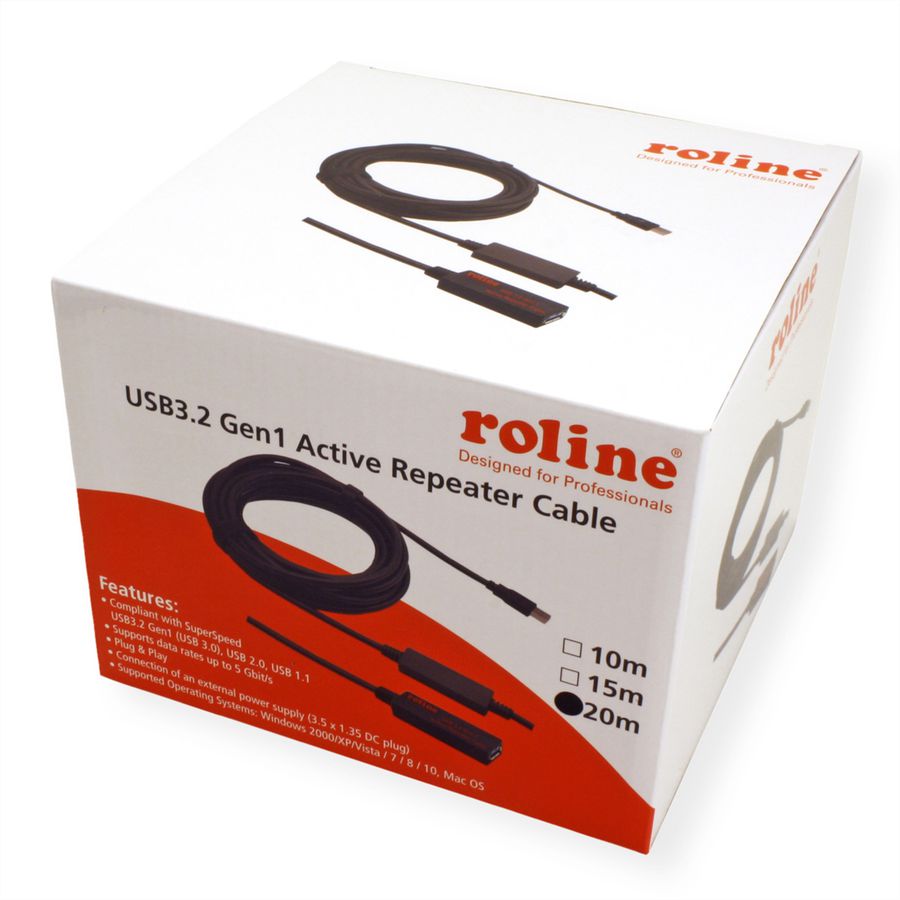 ROLINE USB 3.2 Gen 1 Actieve Repeater kabel, zwart, 20 m