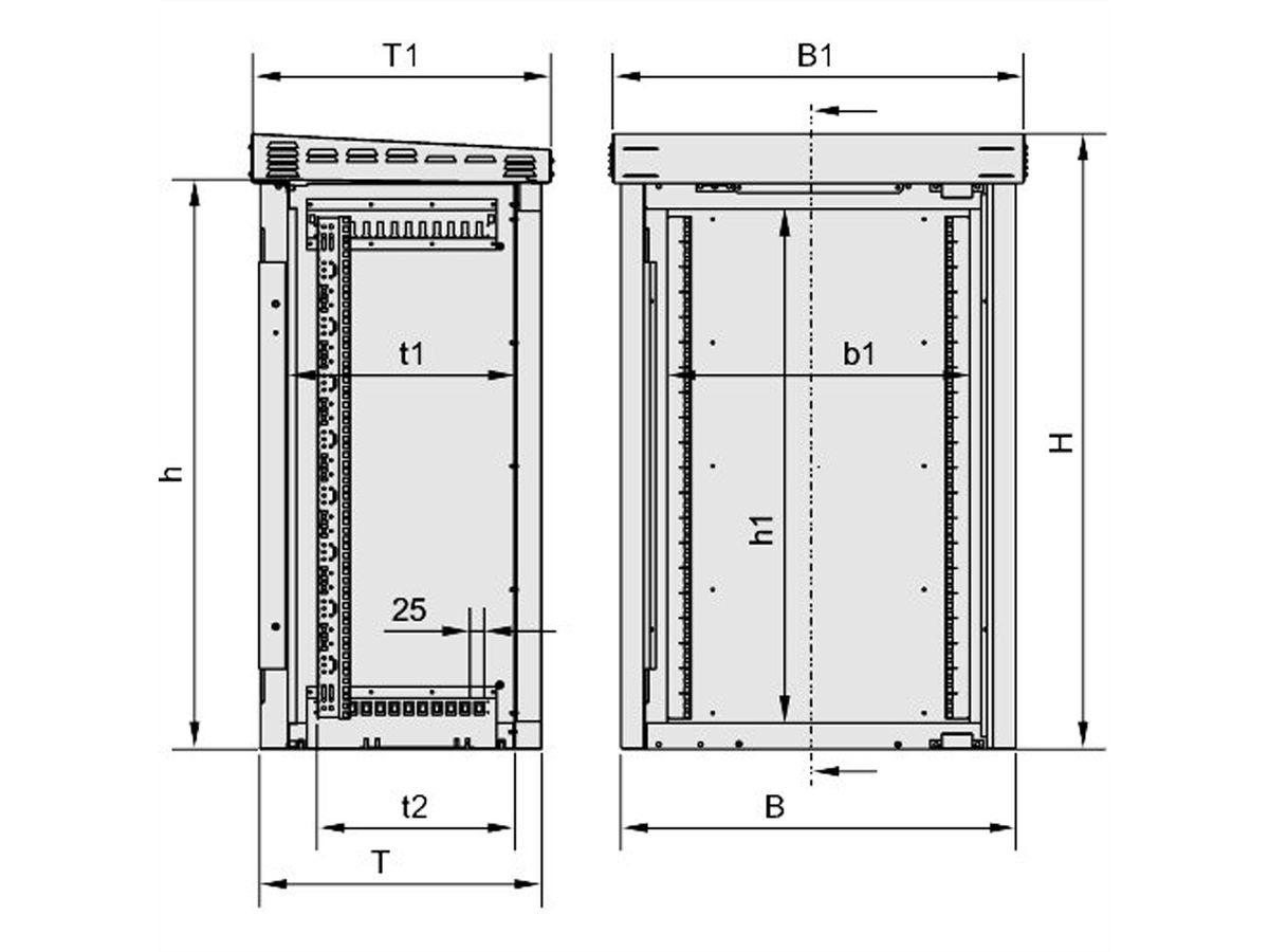 SCHROFF buitendeurkast met enkele deur, 1100H 20 HE, 700W 500D