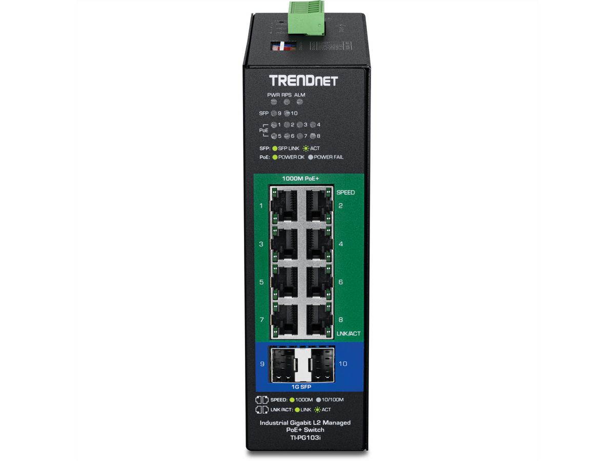 TRENDnet TI-PG103i 10-Port PoE+ Switch Industrial Gigabit L2 Managed DIN-Rail