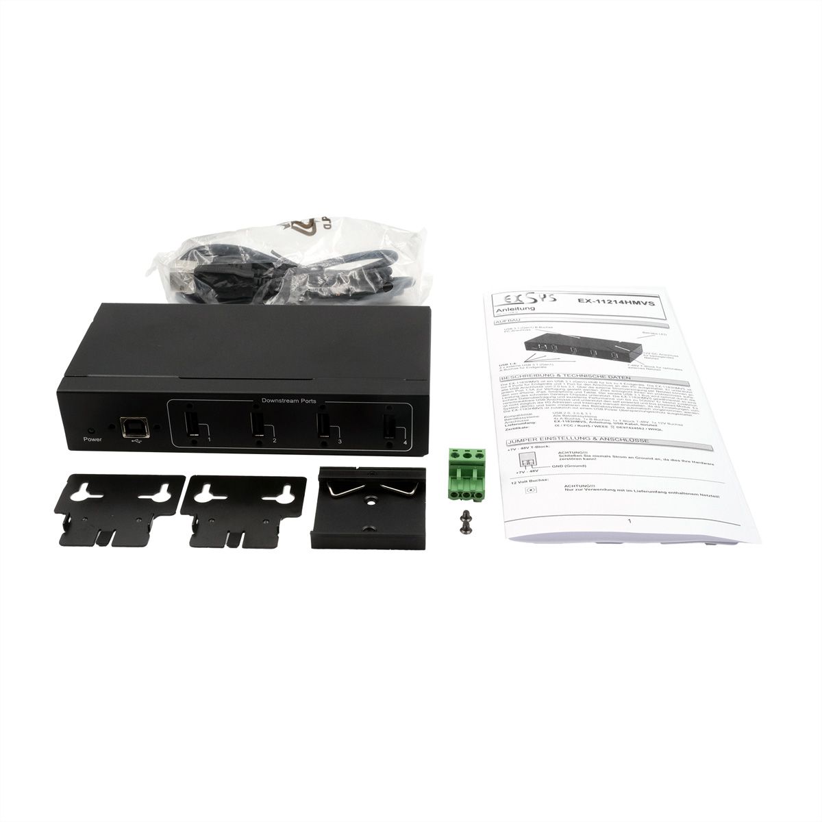 EXSYS EX-11214HMVS 4 Port USB 2.0 Metall HUB mit Netzteil 5V/2A Genesys Chipset