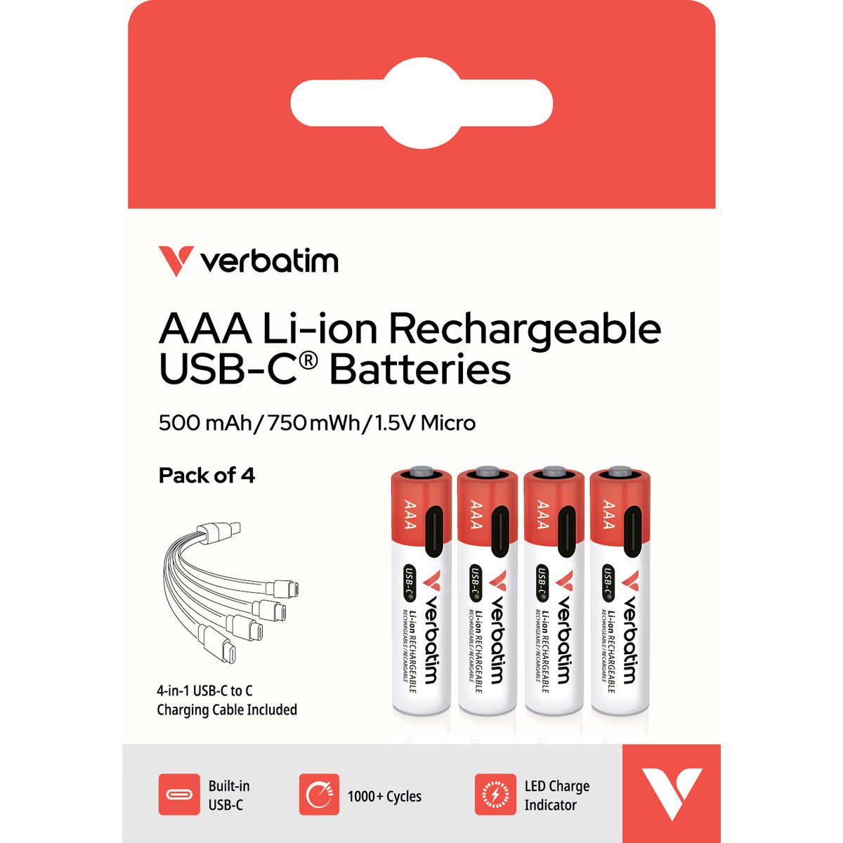VERBATIM AAA-Akkus mit USB-C-Anschluss Li-Ion 500mAh 4er Pack