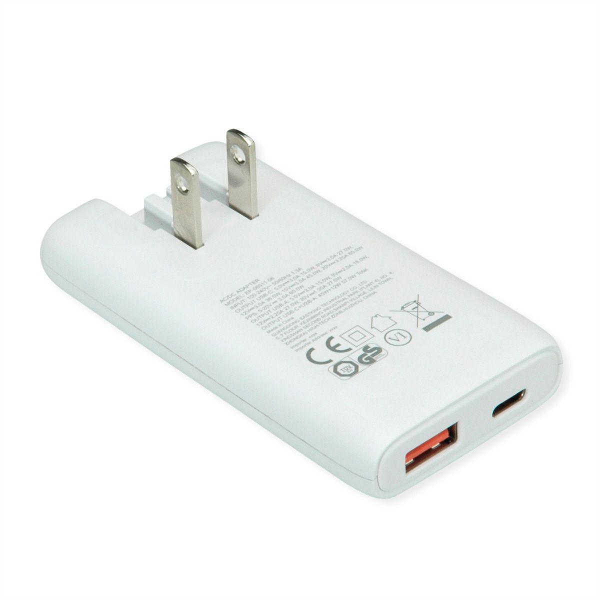 VALUE USB-oplader met Euro-/US-stekker, 2 poorten type A+C, 65W