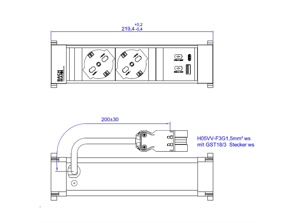 BACHMANN POWER FRAME 2xP40 1xUSB A/C 22W 0.2m GST18