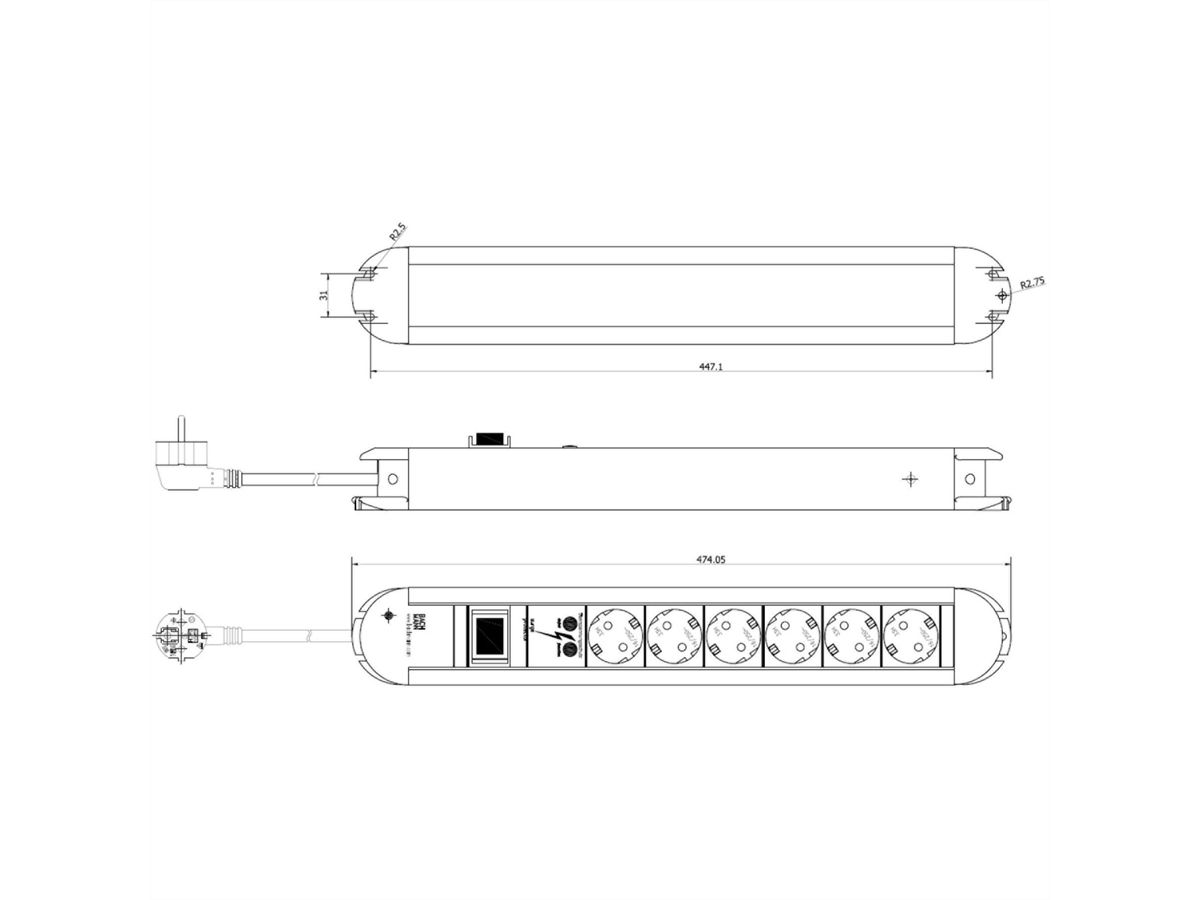 BACHMANN PRIMO stekkerdoos 6x geaard contact, overspanningsbeveiliging, aluminium, met schakelaar, 1,75 m