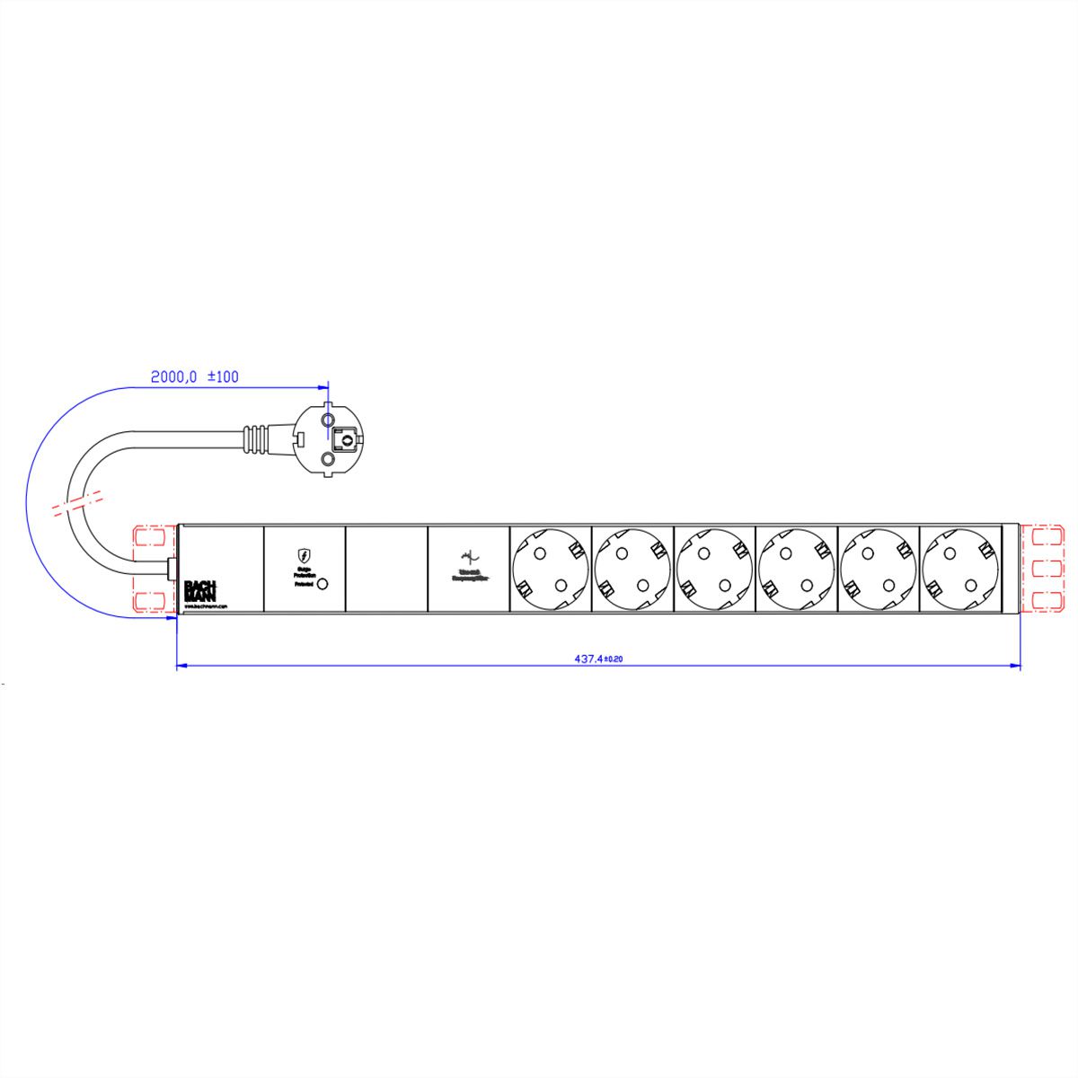 BACHMANN 19" 1U VM 6xCEE7/3 1xGVS-Plus 2.0m CEE7/7