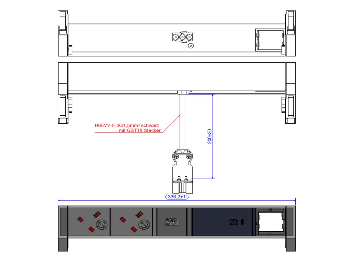 BACHMANN DESK2 2xUK 1xUSB C 60W Oplader, 1xCM 0,2m GST18 RAL9005 Verenigd Koninkrijk