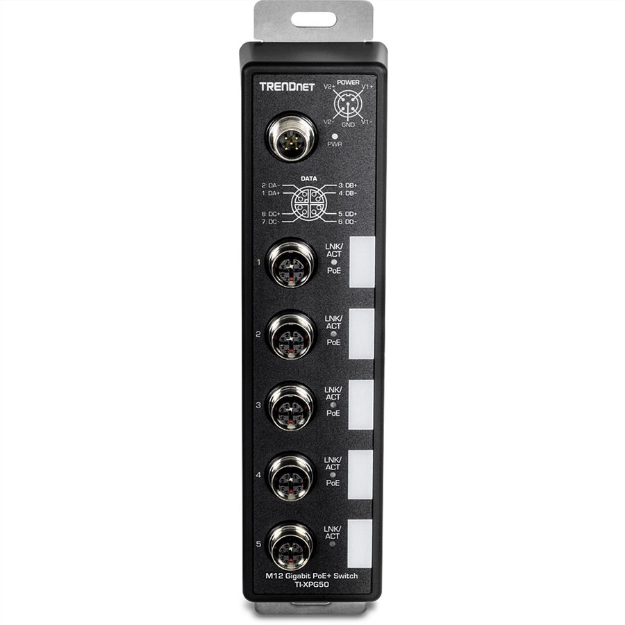 TRENDnet TI-XPG50 PoE+ Railway Switch, 5-Port Industrial EN50155 M12 Gigabit