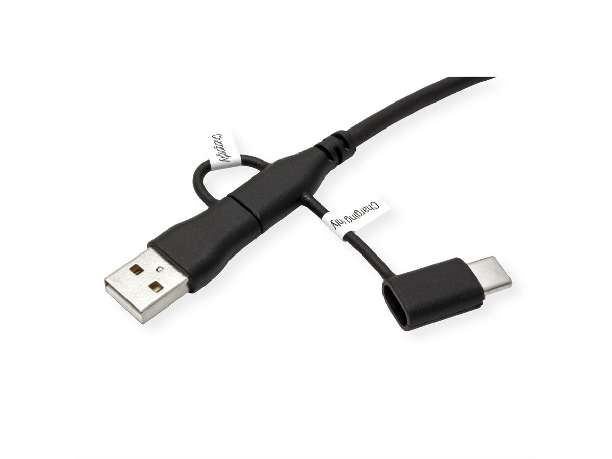 ROLINE USB 2.0-kabel type C, M/M, met adapters voor gegevensblokkering type A+C, 1 m