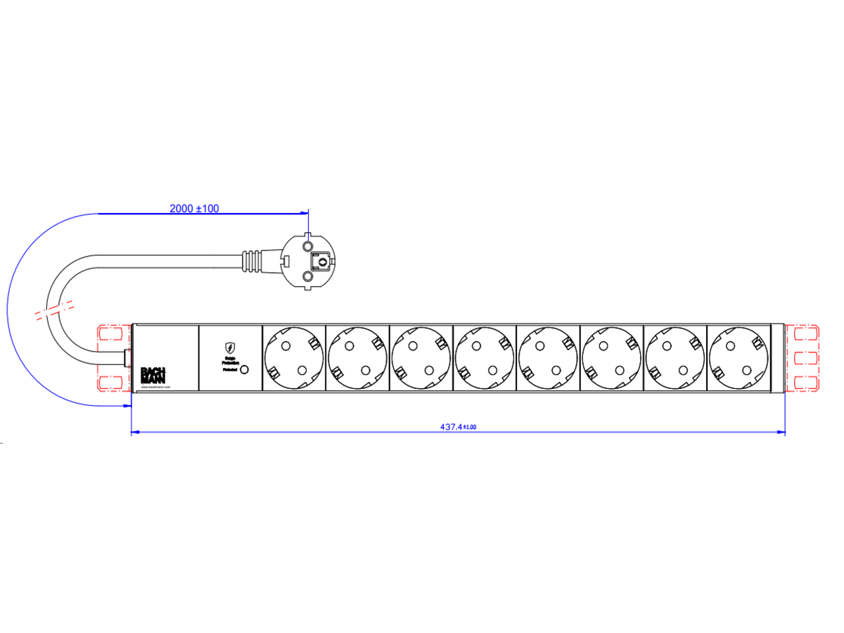 BACHMANN 19" 1U 8xCEE7/3 sw 1xSPD-Plus 2,0m CEE7/7