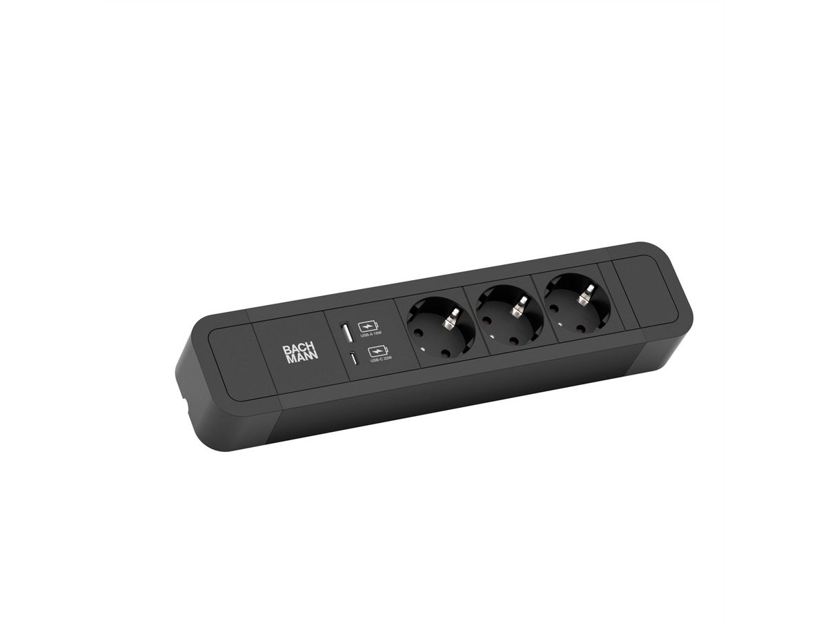 BACHMANN PRIMO2 socket strip 3x earthing contact, aluminium, USB Charger A&C, black, 2 m