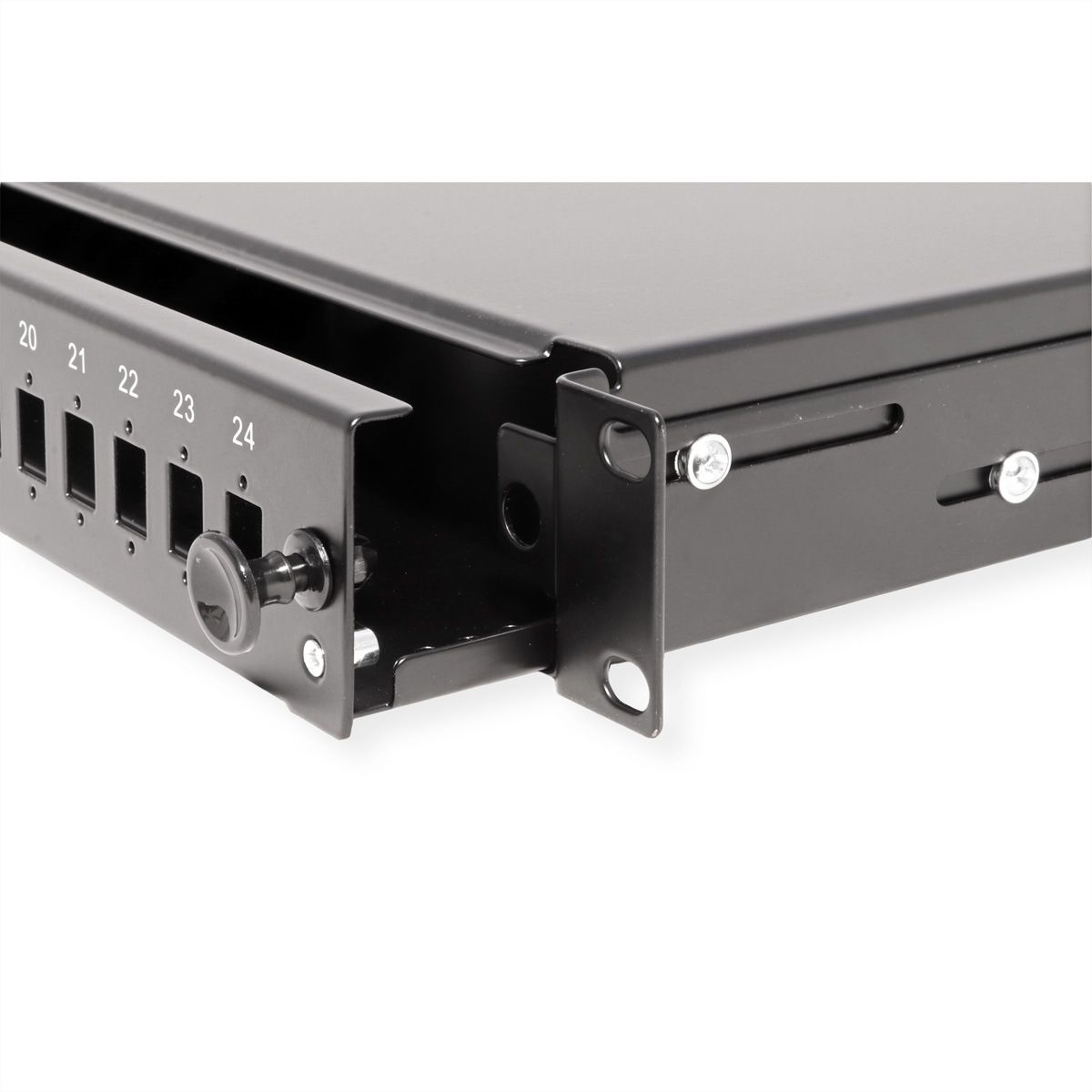 VALUE 19" glasvezel patchbox, leeg 1 HE, uittrekbaar, geschikt voor 24x SC-DX of 24x LC 4-voudig