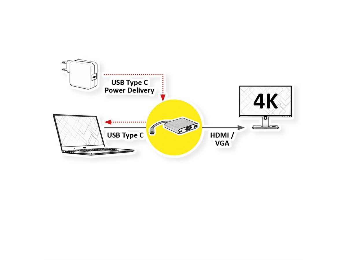 ROLINE GOLD Type C - VGA / HDMI / Type C PD Adapter, M/F