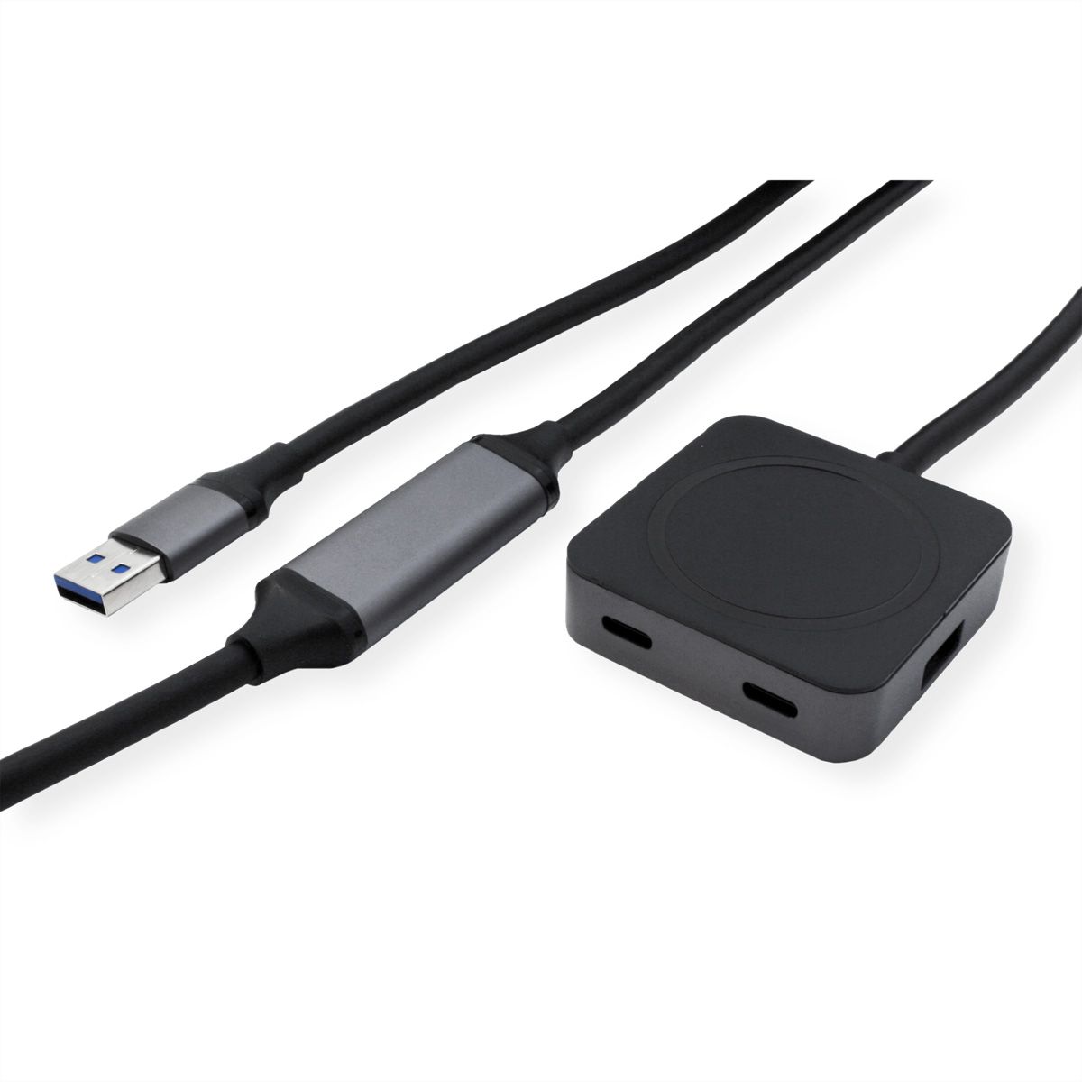 VALUE USB 3.2 Gen 1 Hub, 4 poorten (2x USB-A + 2x USB-C), met verlengkabel, zwart, 10 m