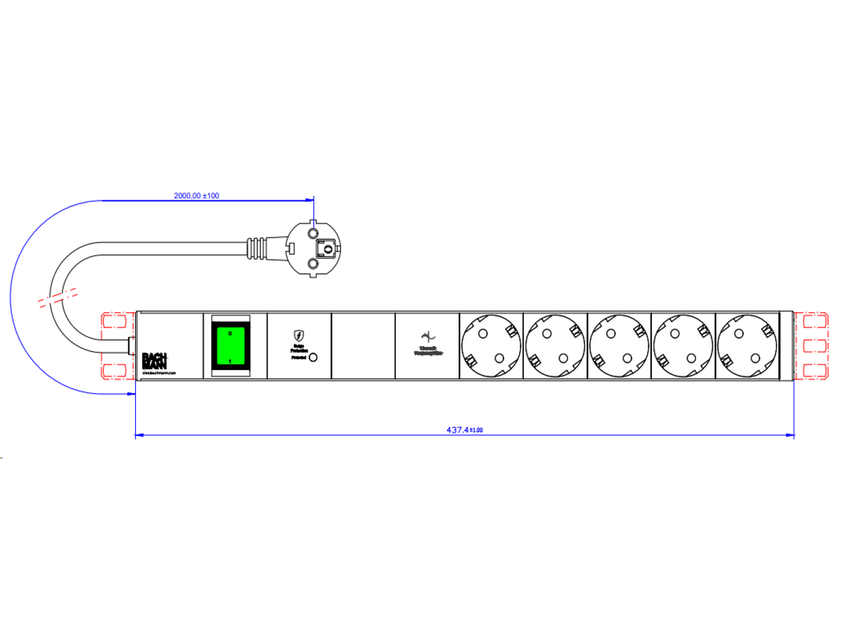 BACHMANN 19" 1U 5xCEE7/3 1xswitch 1xGVS-Plus 2,0m CEE7/7