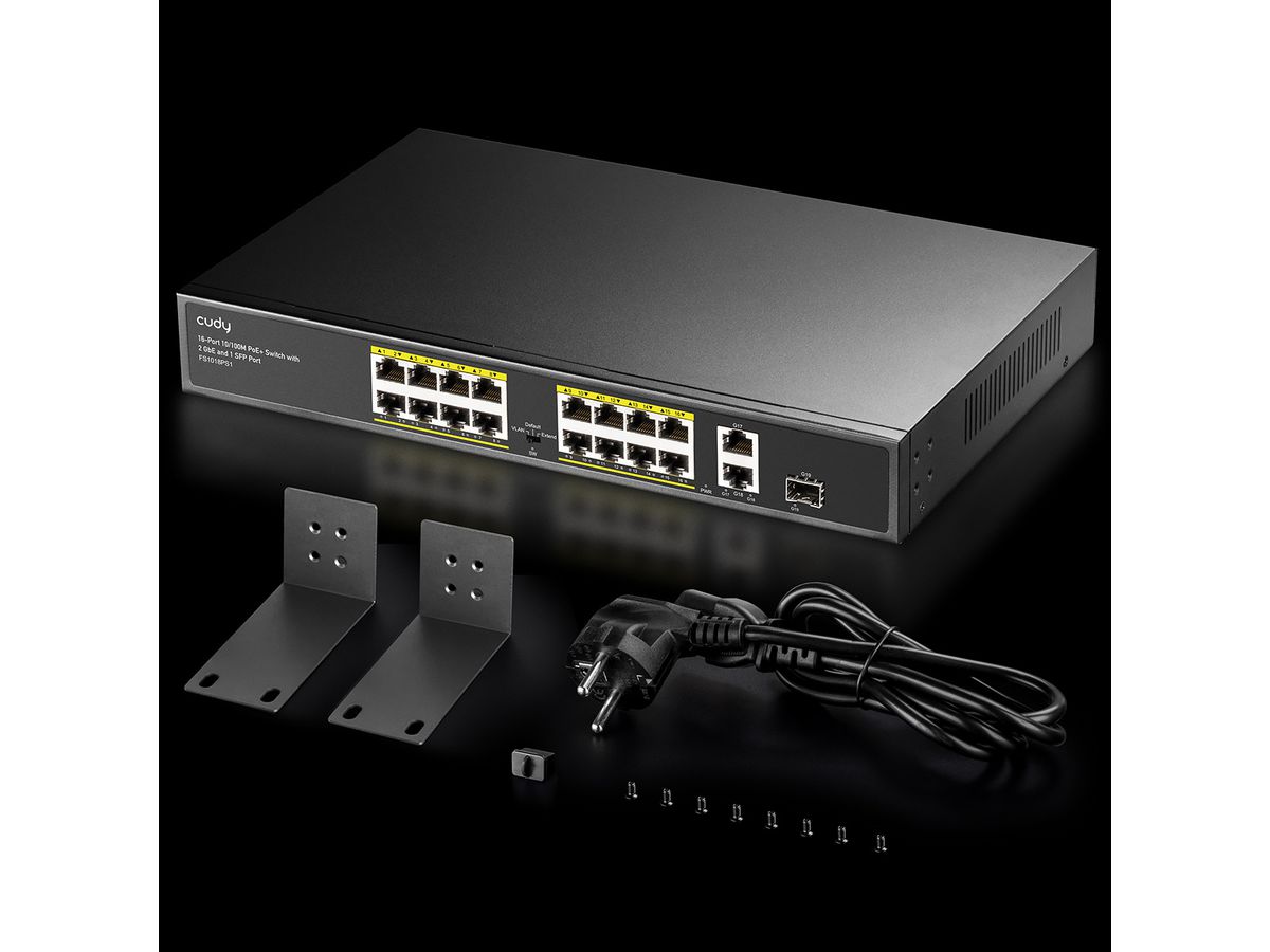 CUDY FS1018PS1 16-Port 10/100M PoE+ Switch 2 Gigabit Uplink 1 SFP Port 200W