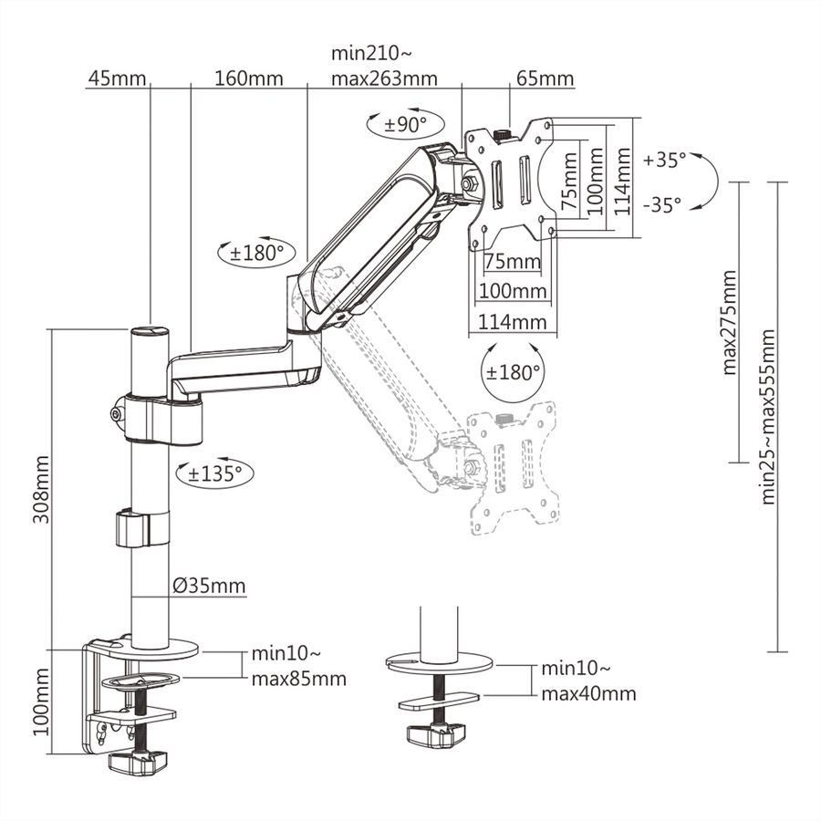 VALUE Single Monitor Arm, Pole Mount, 4 Joints, Desk Clamp