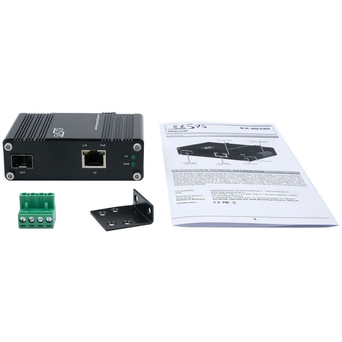 EXSYS EX-60340 PoE+ Media Converter 60W, SFP