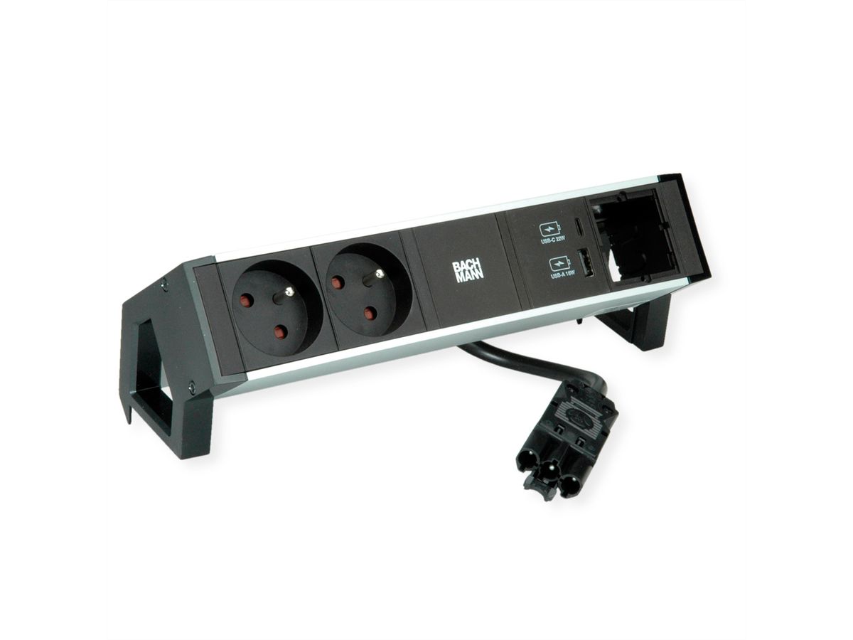 BACHMANN DESK2 ALU ZWART 2xUTE 1xCM 1xUSB A/C 22W 0,2m GST18