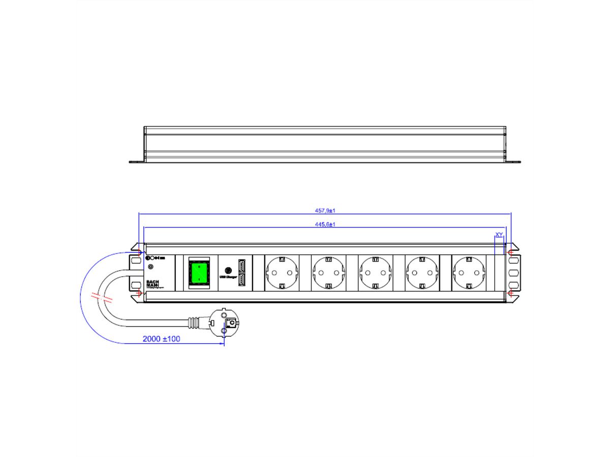 BACHMANN craftsman's socket strip, 5x earthing contact, switch, 2x USB charger, 19-inch rack compatible, 2 m