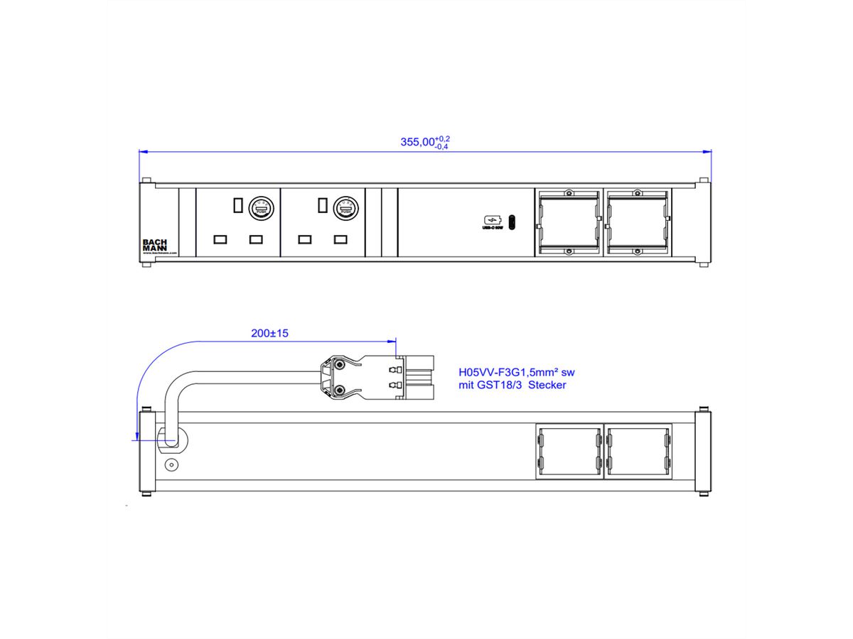 BACHMANN CONI 2xUK 1xUSB C 60W 2xCM, 0.2m GST18 United Kingdom
