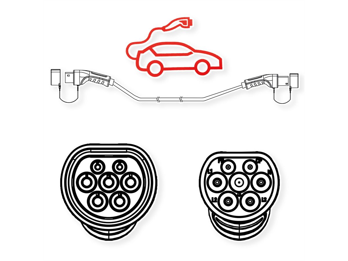 ROLINE Auto oplaadkabel Type2, 1-fase, 250VAC (1P+N+E), 32 A, 7.4 kW, 3 m