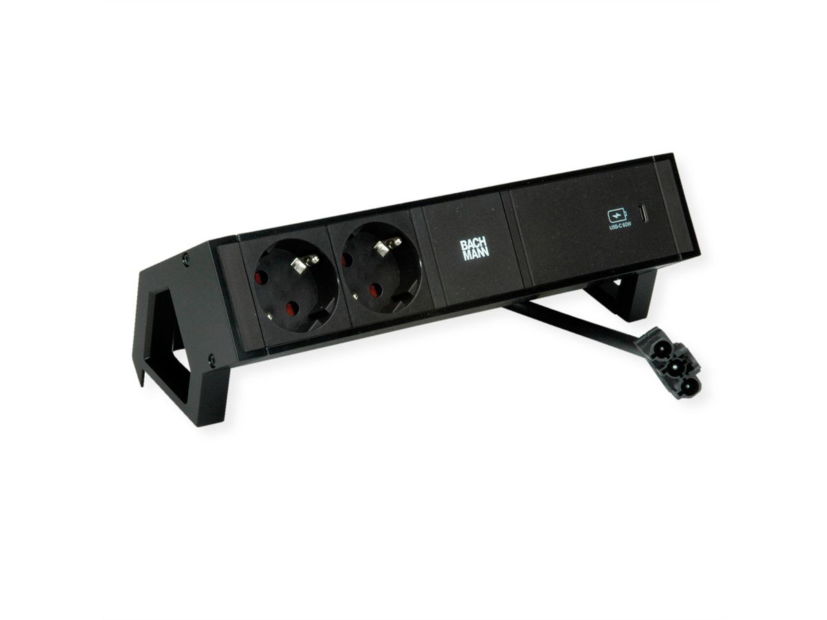 BACHMANN DESK2 2xbeschermend contact USB C, USB Lader 60W 0.2m GST18 zwart