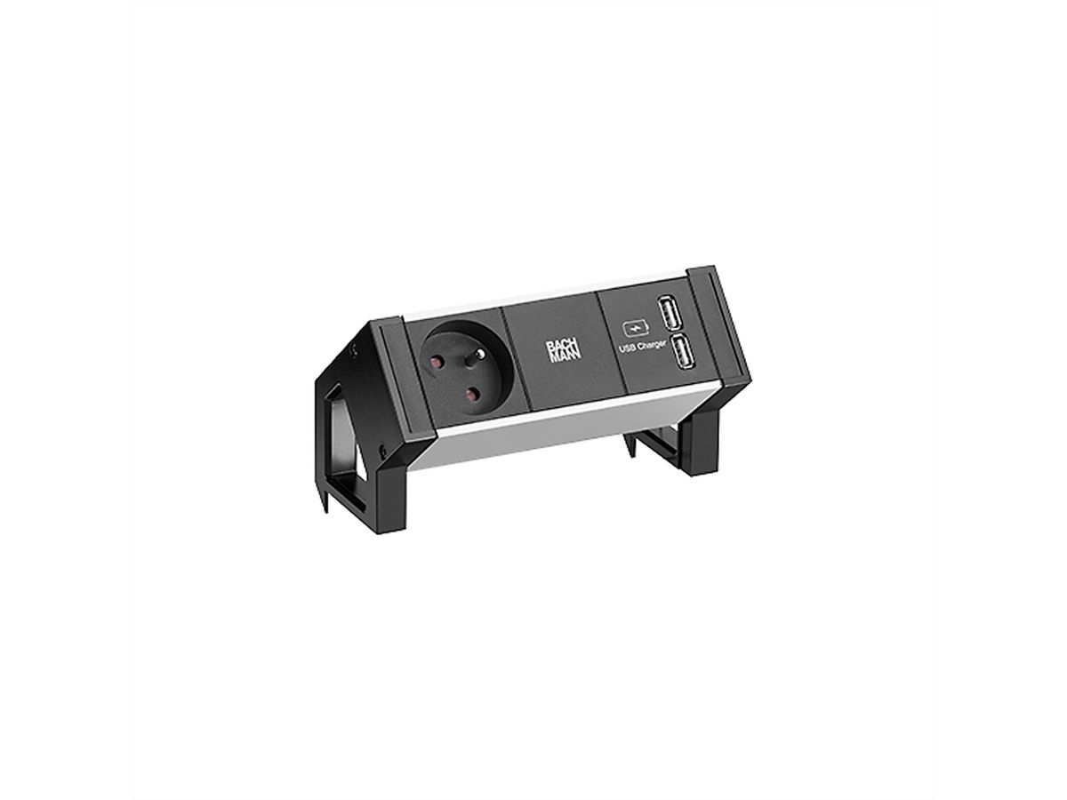 BACHMANN DESK2 ALU ZWART 1xUTE 1xUSB Oplader 0,2m GST18