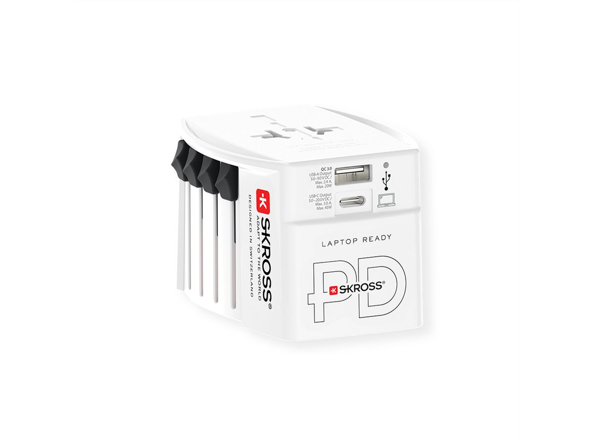 Skross MUV USB AC45PD World Travel Adapter with USB C cable, worldwide