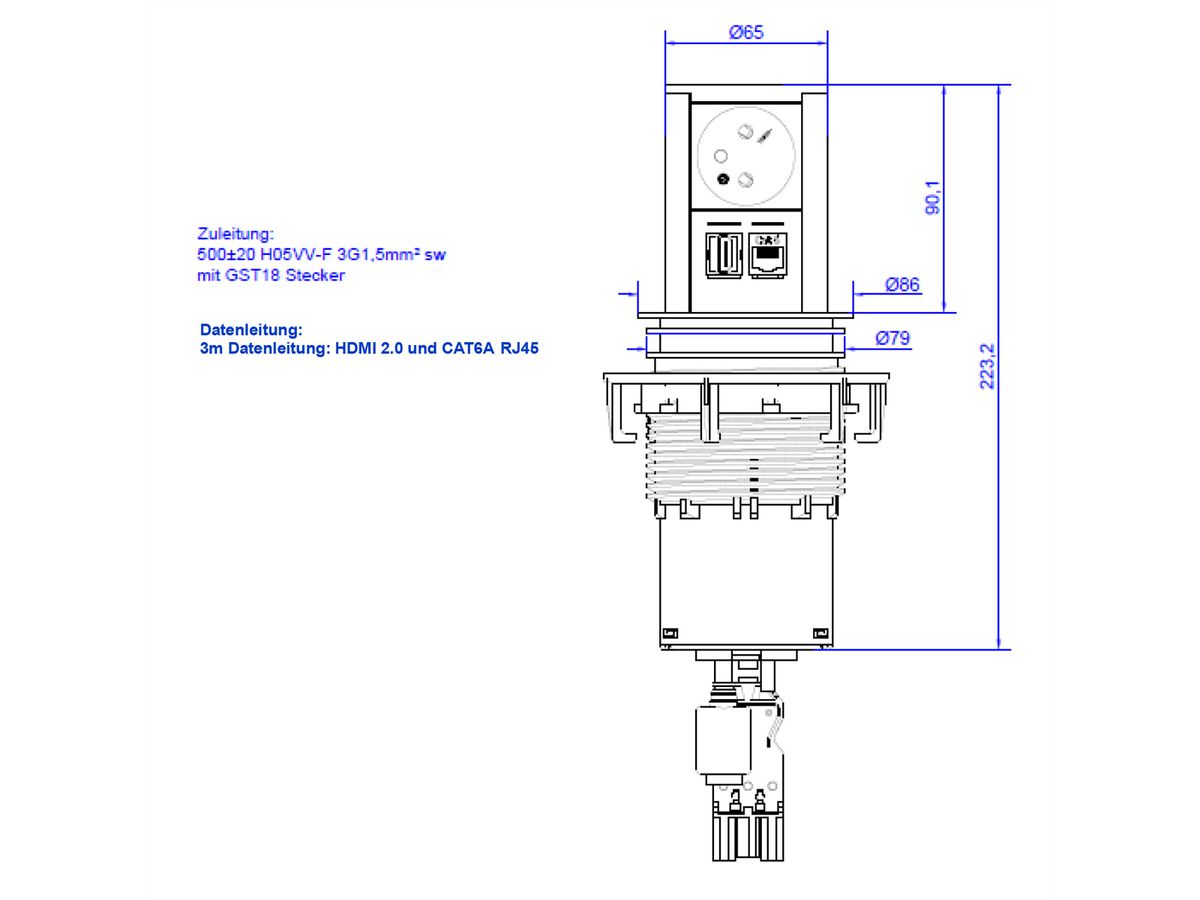 BACHMANN ELEVATOR 1xUTE 1xHDMI 1xCAT6A 90° 0.5m GST18