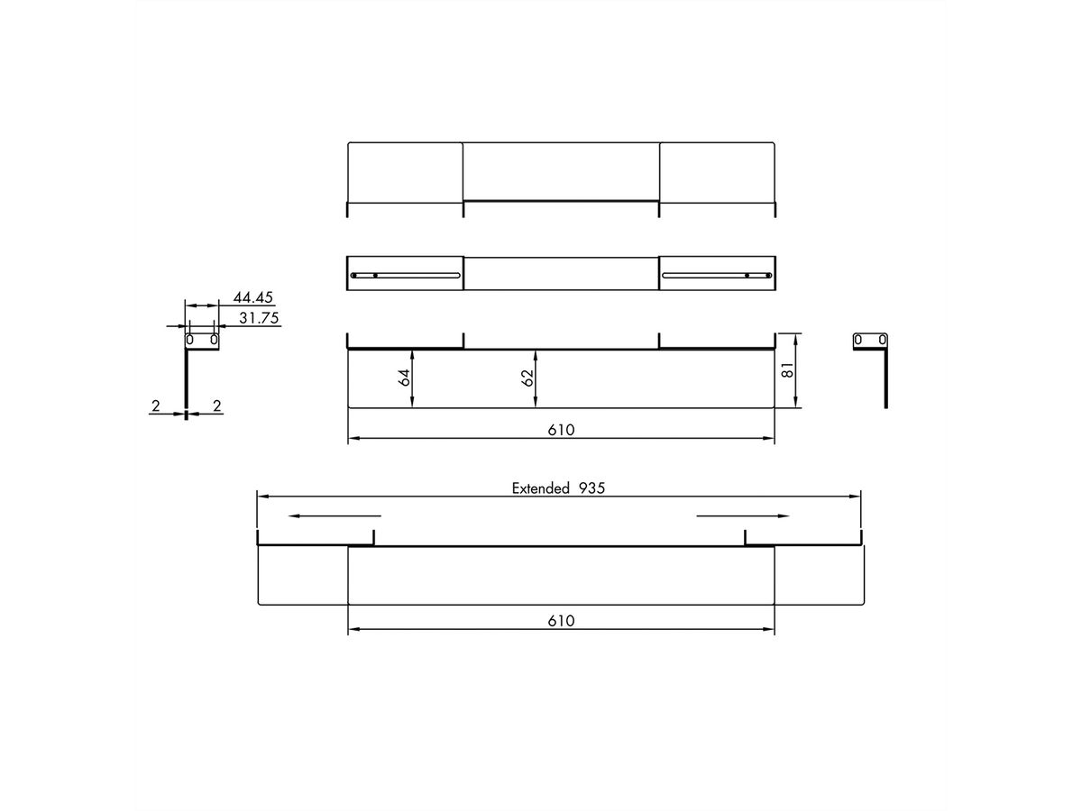 VALUE geleiderails, 1 paar, variabele diepte 610-935 mm, zwart