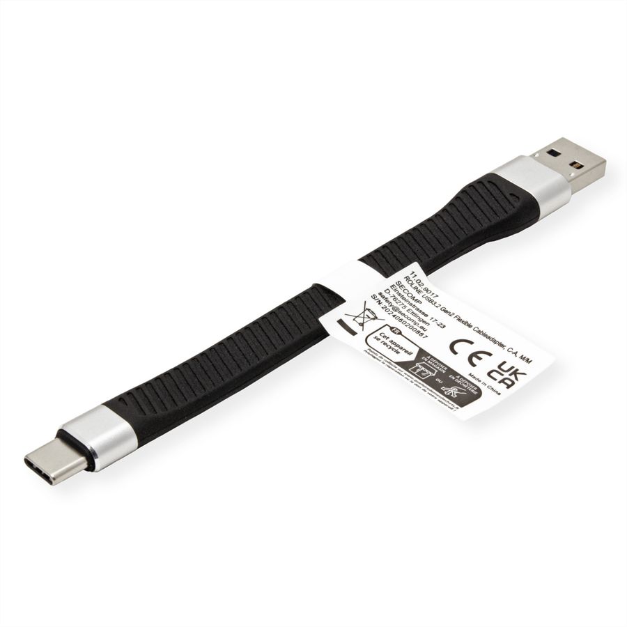 ROLINE USB 3.2 Gen 2 siliconenkabel, Emark, C-A, M/M, 10Gbit/s, zwart, 11 cm