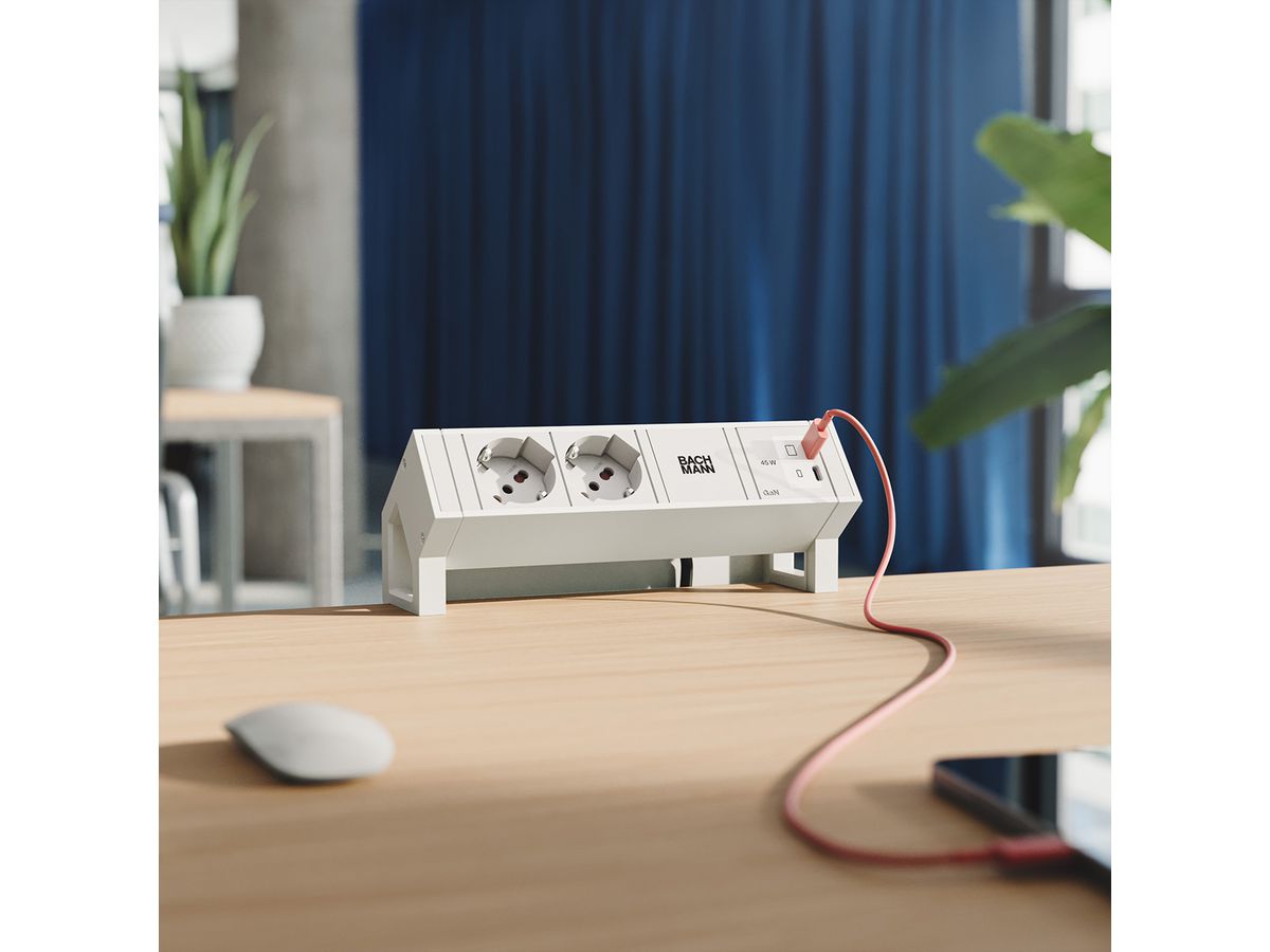 BACHMANN DESK2 white 2xP40, 1x USB C/C 45W L=0.2m RAL9010