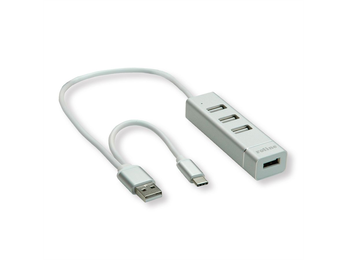 ROLINE USB 2.0 notebook hub, 4 poorten, type A+C aansluitkabel