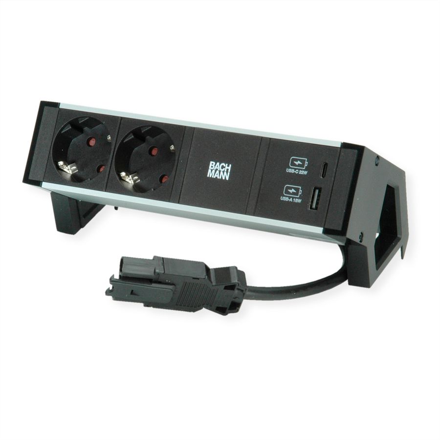 BACHMANN DESK2 ALU ZWART 2x Geaard stopcontact, USB, USB oplader 22W A&C 0,2m GST18