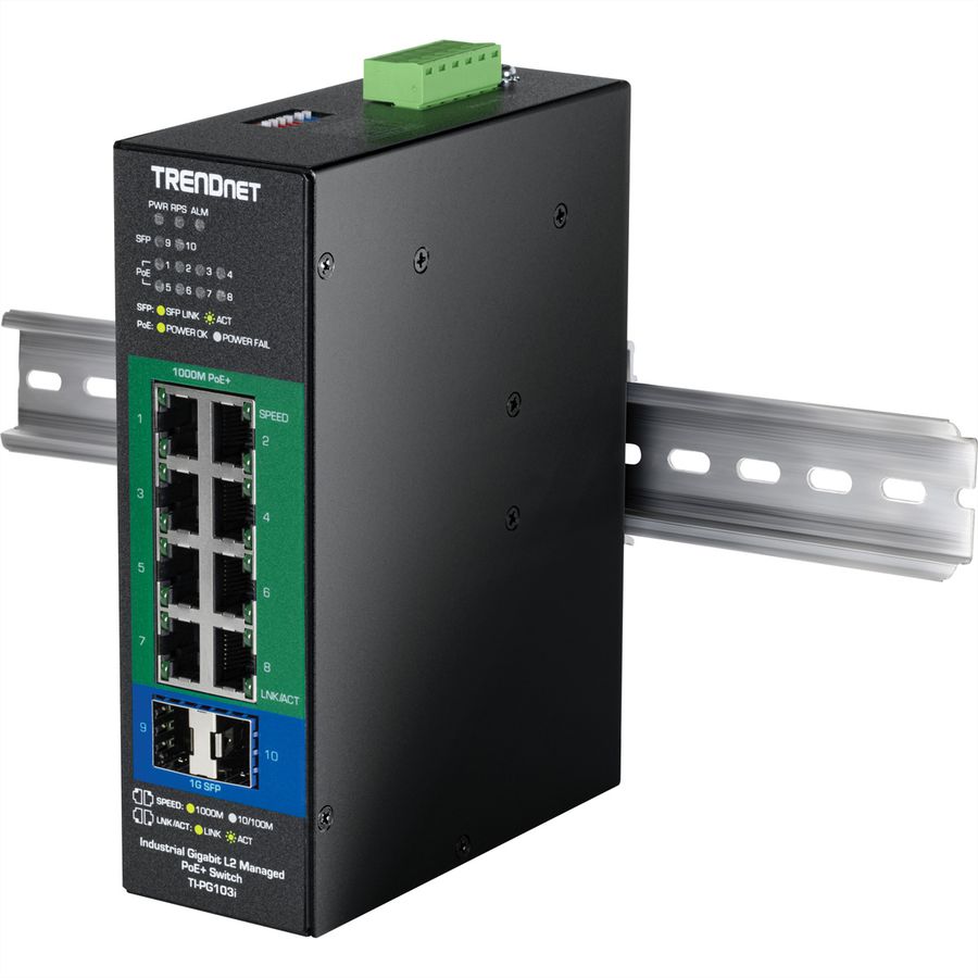 TRENDnet TI-PG103i 10-Port Industrial Gigabit L2 Managed PoE+ DIN-Rail Switch 24 – 57V