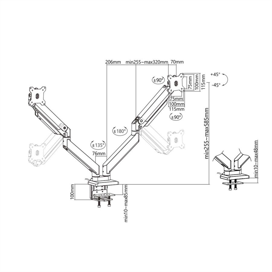 ROLINE Dual LCD Monitor Stand Pneumatic, Desk Clamp, Pivot, 5 Joints, max. 15 kg, up to 35"