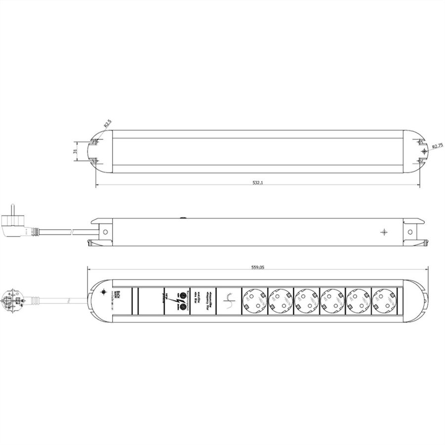 BACHMANN PRIMO socket strip 6x earthing contact aluminium full device protection, 1.75 m
