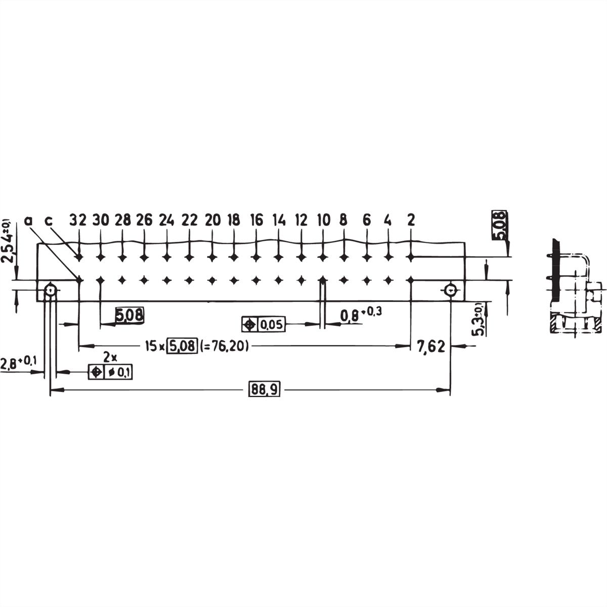 SCHROFF Stekker Type D, EN 60603, DIN 41612, Mannelijk, 32 Contacten, Soldeerogen, 3 mm