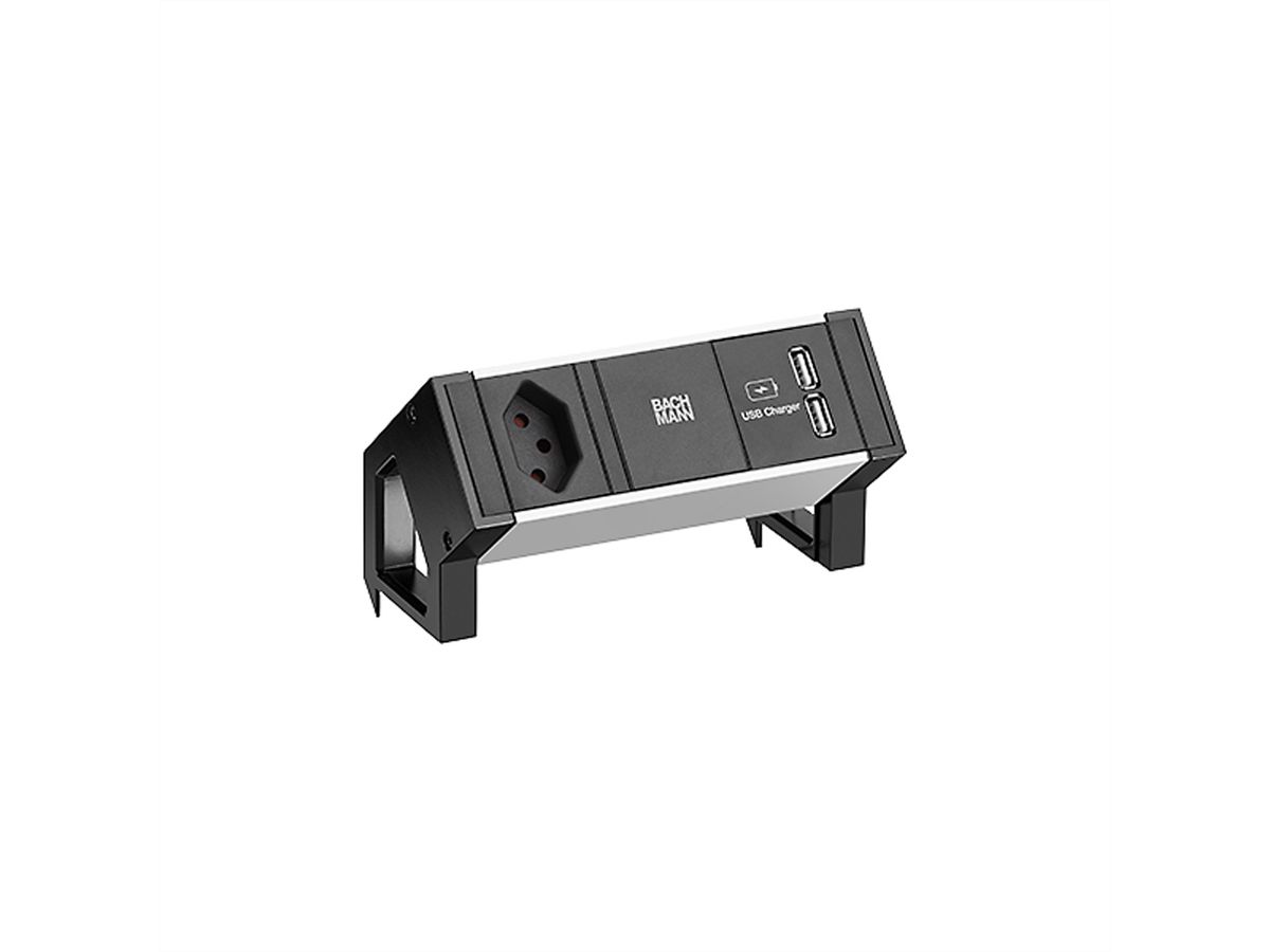 BACHMANN DESK2 ALU ZWART 1xCH T13, USB Oplader 0,2m GST18 Zwitserland